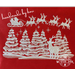 Red with a winter scene of six snow-covered Christmas trees, with red ornaments. Above trees is Santa and his sleigh, pulled by 8 reindeer